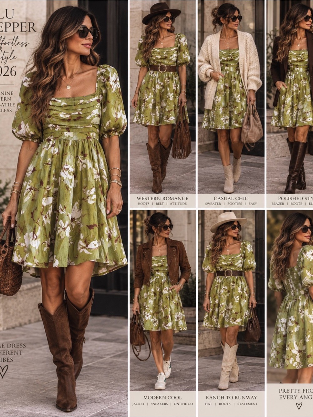 Blu pepper Olive Green Floral Puff-Sleeve Sundress